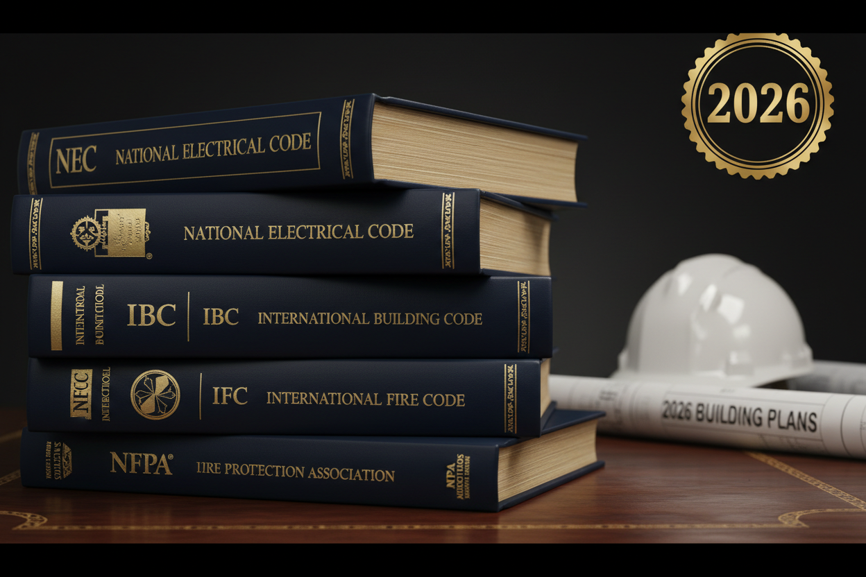 Stack of 2026 NEC, ICC, IBC, IFC, and NFPA code books for contractors, electricians, and inspectors — BooksCartOnline.com