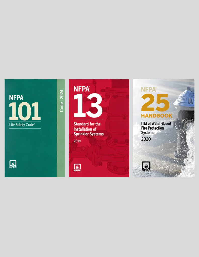 NFPA 101 2024, NFPA 13 2019 & NFPA 25 2020 (NFPA CODE SERIES), ISBN: 978-1455930562, 978-1455920907, 978-1455922826